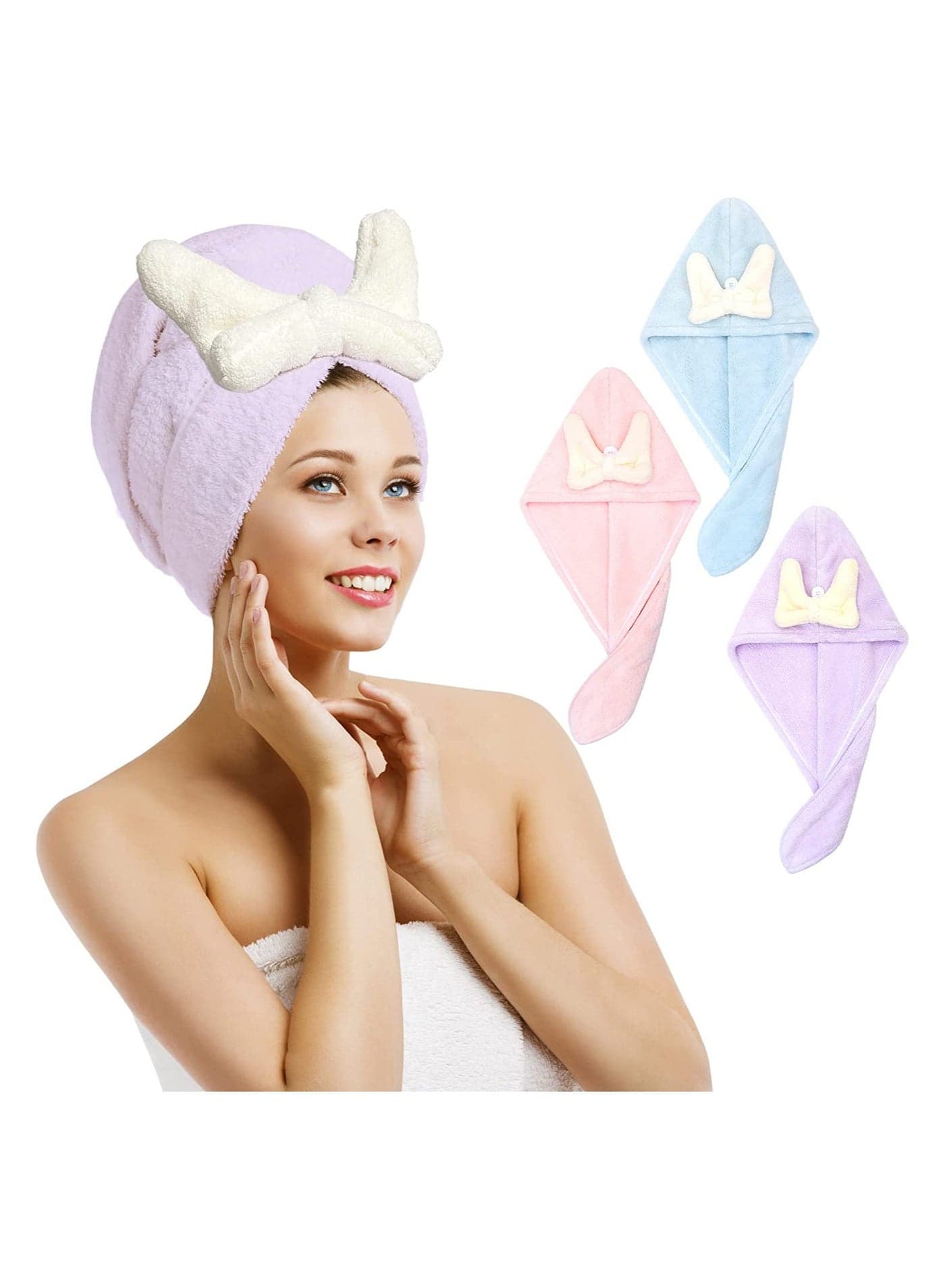 3 Pack Microfibre Hair Towel Hair Towel Wrap for Long Hair Cute Rabbit Hair Towel Turban Super Absorbent Fast Dry Hair Towel with Buttons Bath Loop Fasten for Wet Curly Long Thick Hair