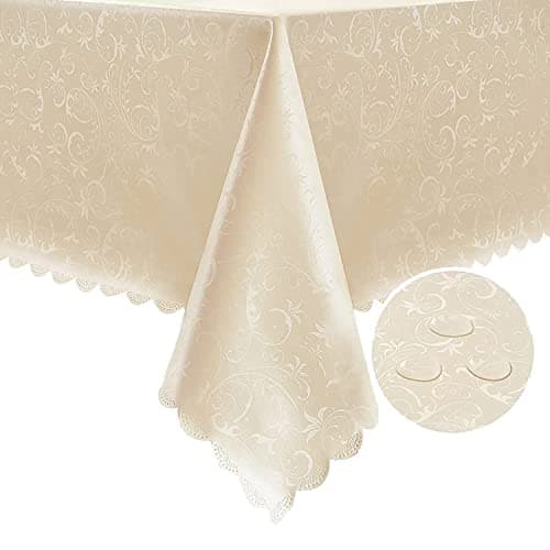 Romanstile Rectangle Vinyl Tablecloth100 Waterproof Heavy Duty Oil Spill Proof Stain Resistant Plastic PU Table Cover with Flannel Backing for Kitchen Dining Flower Beige 52 x 70