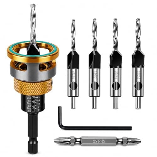 Countersink Drill Bit Set with Depth Stop 4PCS HCS Four Blades Wood Countersink Bits with Adjustable Depth Stop L Shape Wrench and S2 PH2 Screwdriver Bit for Wood Plastic Woodworking