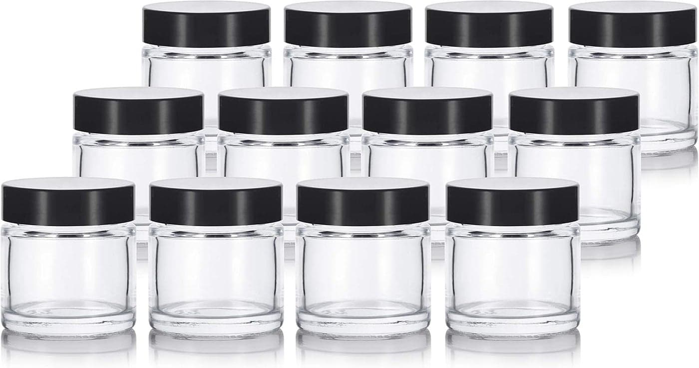 1 oz 30 ml Clear Thick Wall Glass Straight Sided Jar with Black Smooth Lids 12 Pack Airtight Smell Proof