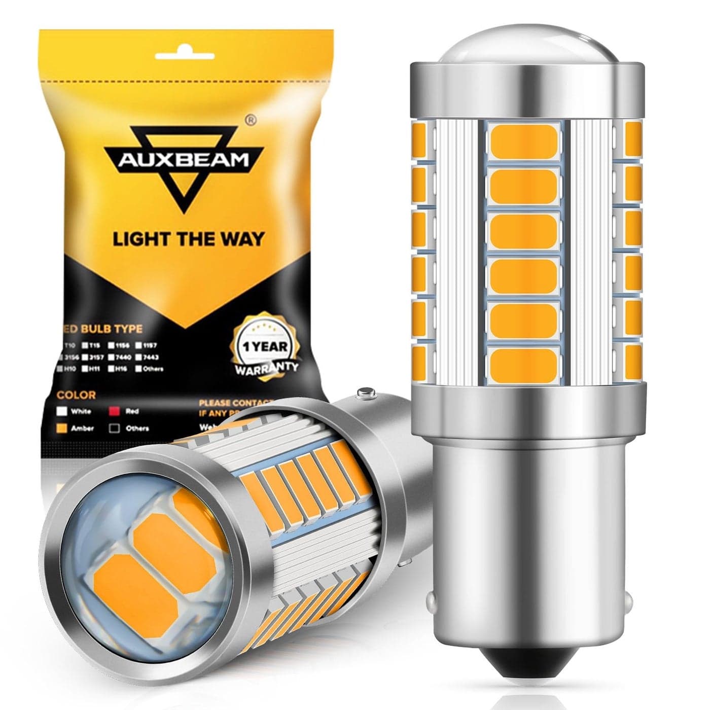 Auxbeam 1156 Turn Signal Bulbs Super Bright Amber Yellow P21W BA15S Bulbs for Turn Signal Light 12V3030 SMD Chipsets Bulb with Projector Pack of 2 May Need Resistors