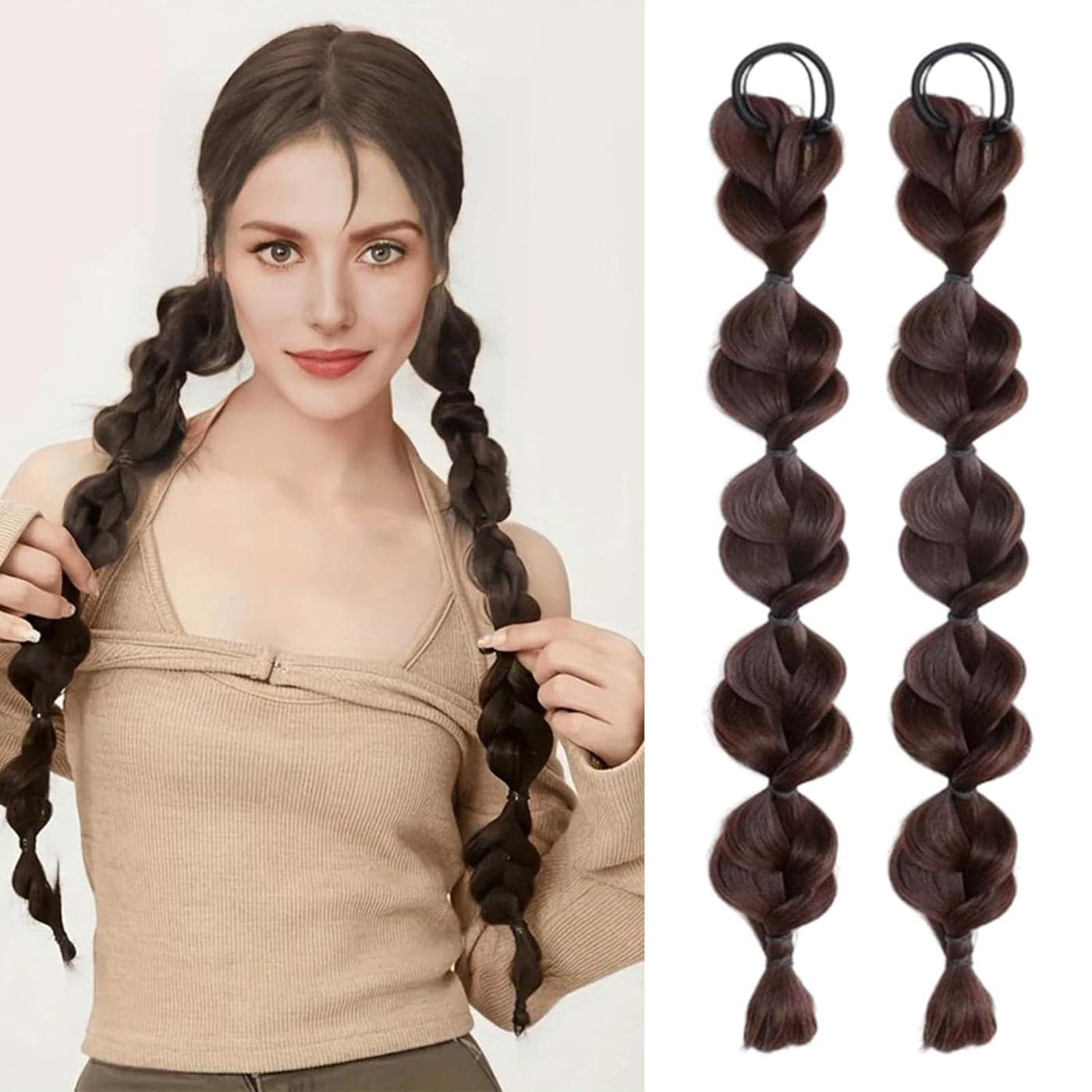 Bubble Ponytail Wig Synthetic Braided Extensions with Hair Ties Hair Band Hairpieces for Women Girls DIY Daily Wear Hair Accessories Dark Brown
