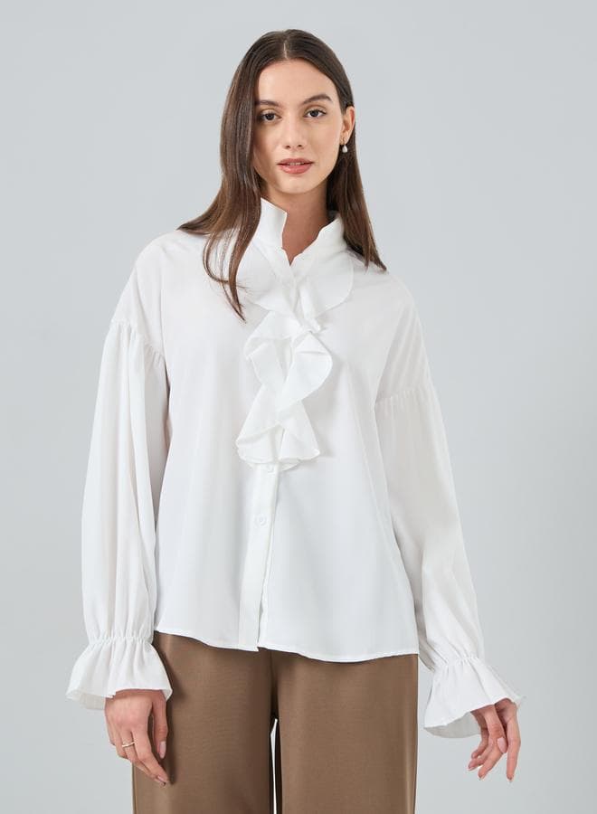 Front Ruffle Detail Long Sleeve Shirts