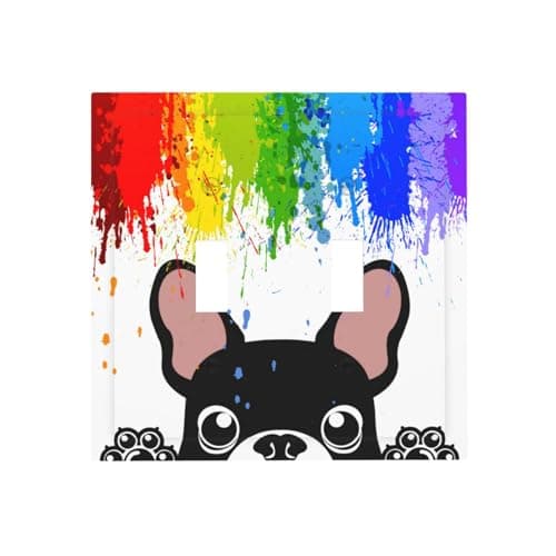 Novelty Funny Pastel Colors Rainbow and Dogs Double Toggle Light Switch Cover Plate Decorative Cute Black Puppy 2 Gang Wall Plate Dual Device Electrical Switchplate Faceplate for Nursery Kids Room