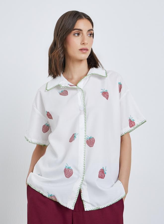 Women All-Over Strawberry Print Short Sleeve Oversized Shirt