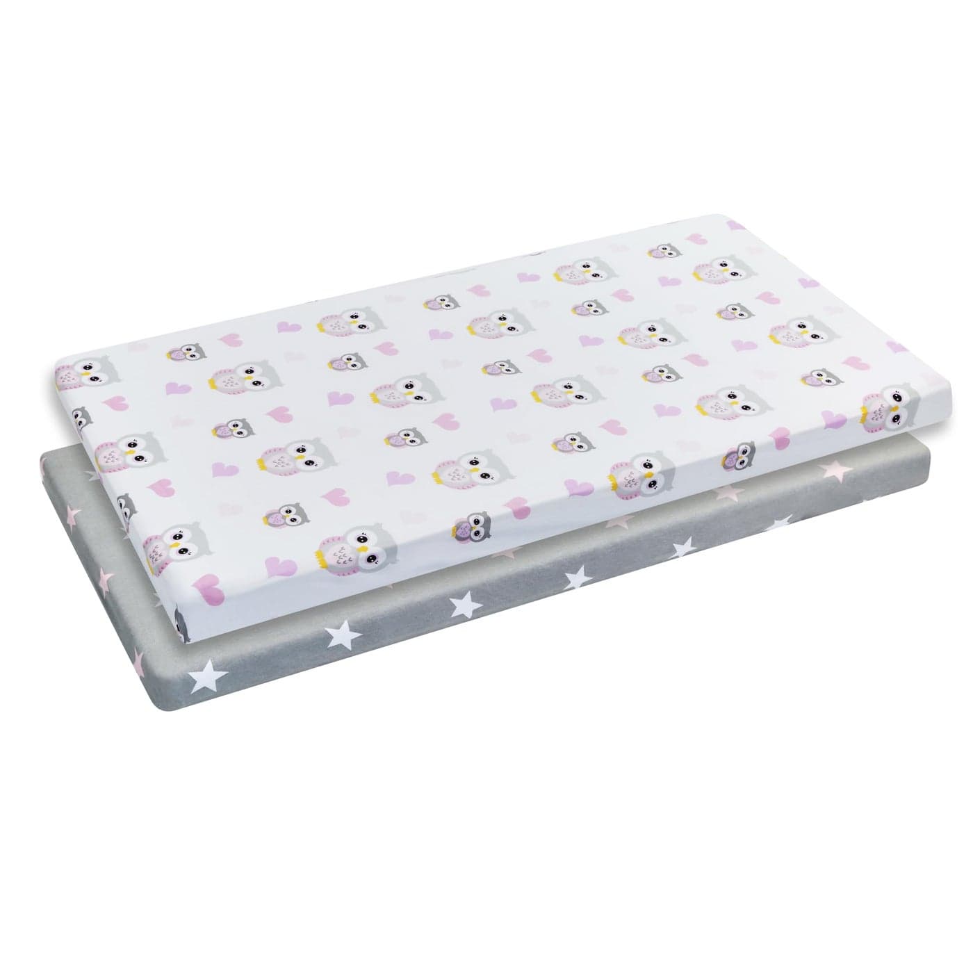 EVERYDAY KIDS 2 Pack Baby Cradle Sheets Fitted Set for Baby Girl 100 Cotton Jersey Knit Breathable and Soft Cradle Mattress Pad Cover Pink and Purple Owl and Heart and Star Sheet in Gray Pink