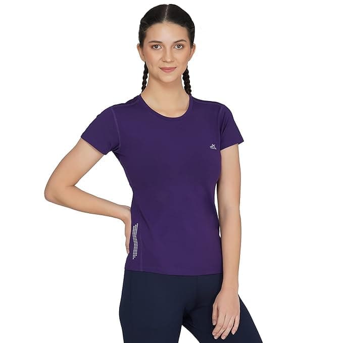 Vector X OGT-136 Indoor/Outdoor Sports Tshirt Girls Women Solid 4-Way Stretch Poly Lycra Round Neck Half Sleeves T-Shirt with Compression Mesh on Back for Gym Yoga Traning Cycling (Purple, S)