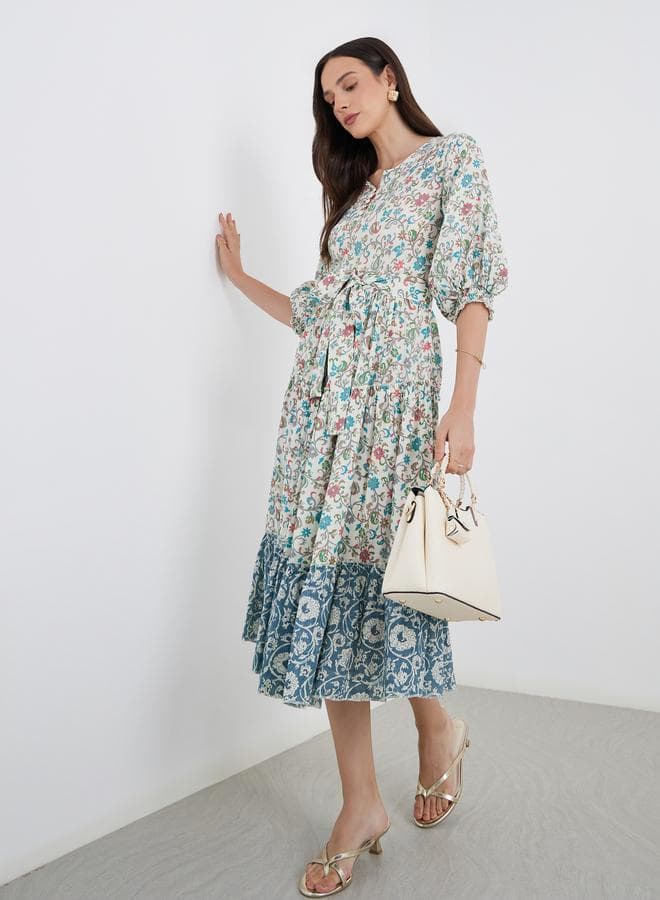 Women Floral Print Midi Dress with Tie Belt