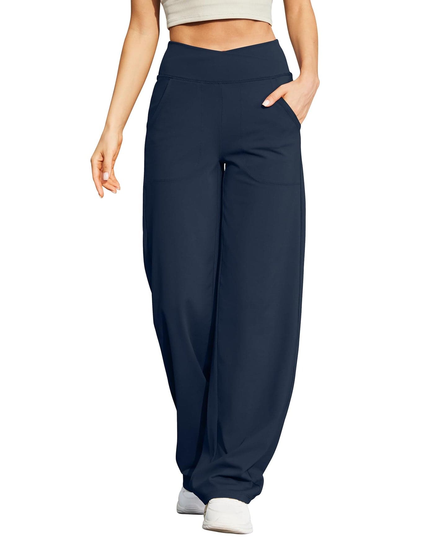 G4Free Wide Leg Pants for Women Petite Yoga Flare Pants Loose Fit Casual Lounge Pants for Workout Exercise(Dark Navy,M,Petite)