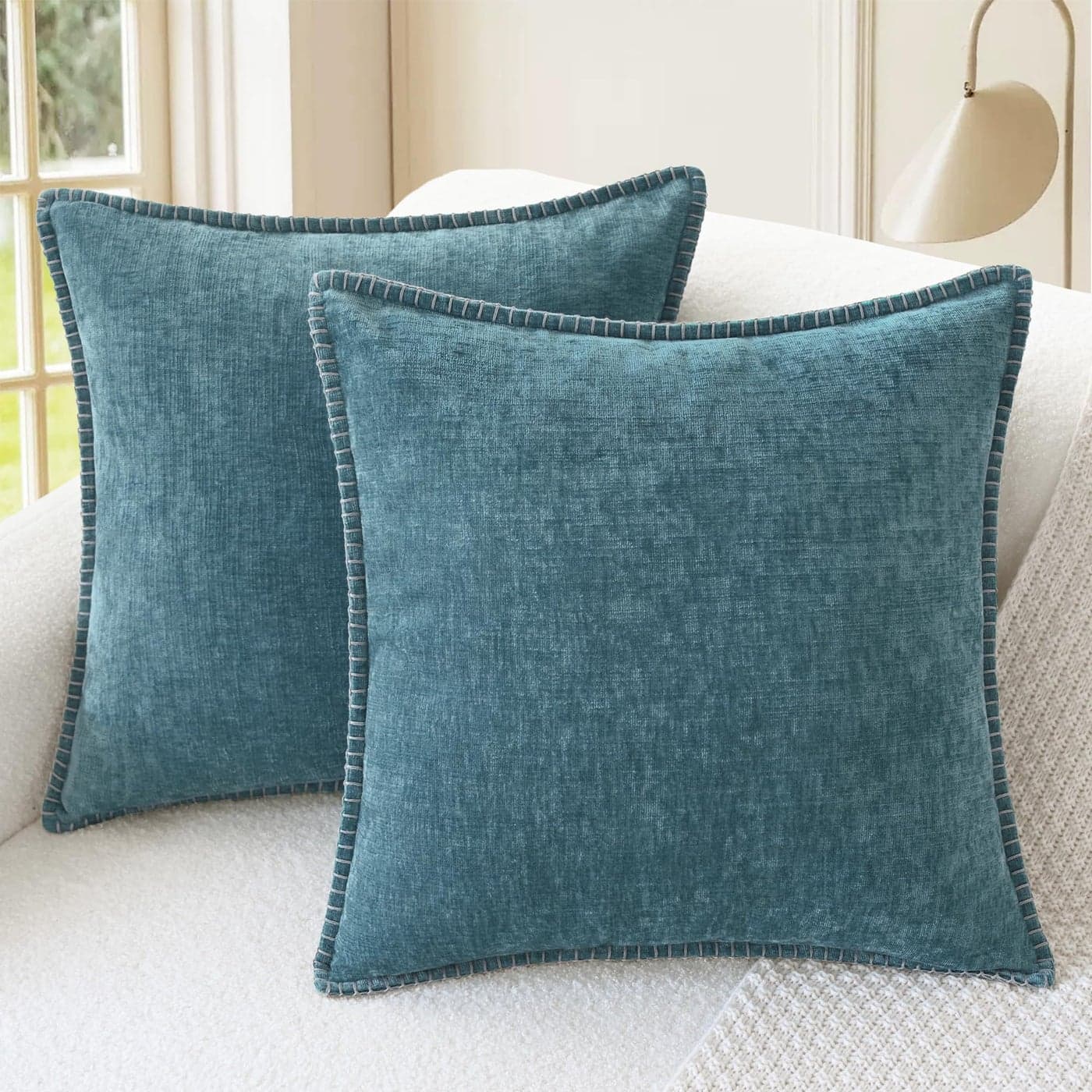 CaliTime Throw Pillow Covers Decorative 26 X 26 Inches Pack of 2 Cotton Thread Stitching Edges Solid Dyed Soft Chenille Cushion Cases for Couch Sofa Bed Living Room Farmhouse Smoke Blue