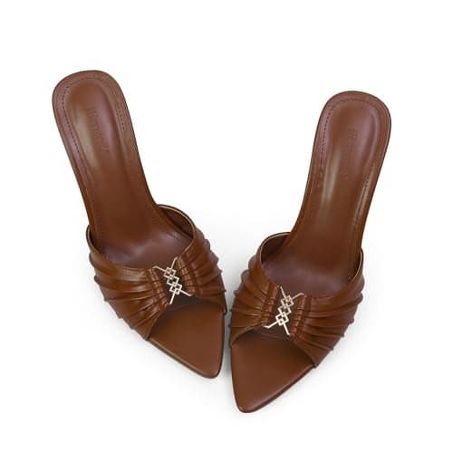 iiimmu 3.5 IN Stiletto Mules High Heels with Pointed Peep Toe Heeled Sandals Faux Leather, Brown, Size 7