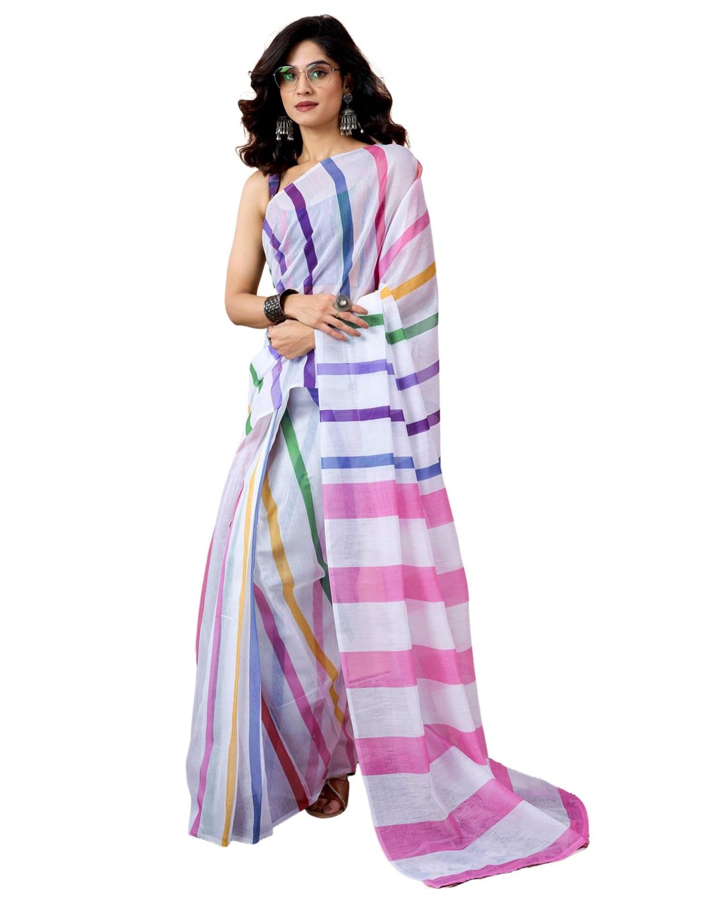 SIRIL Women's Printed Chanderi Cotton One Minute Ready to Wear Saree with Pocket & Unstitched Blouse Piece (46RS428_Multicolor)