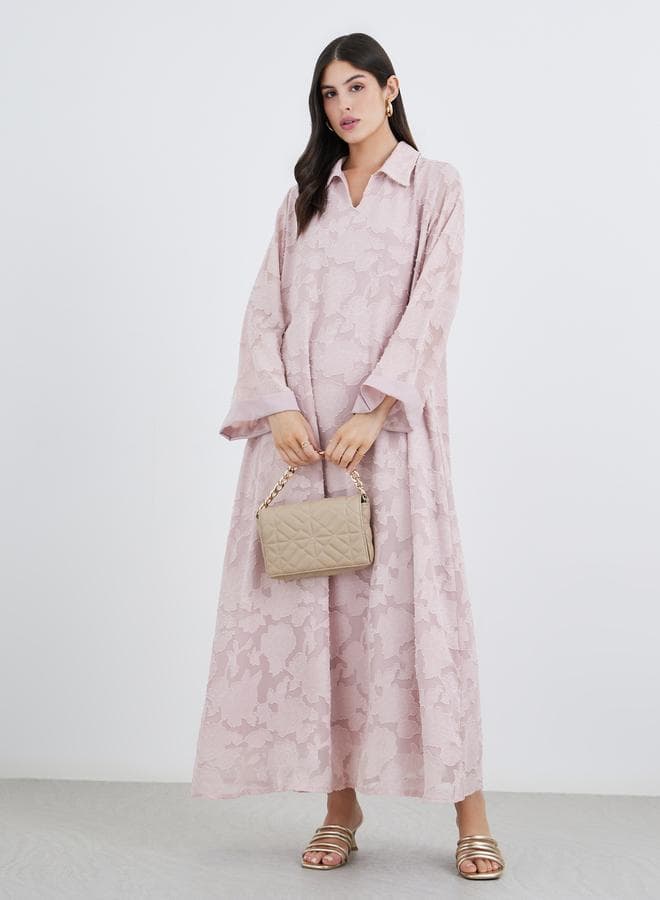 Women Pink Jacquard Jalabiya with Collar and Placket Detail