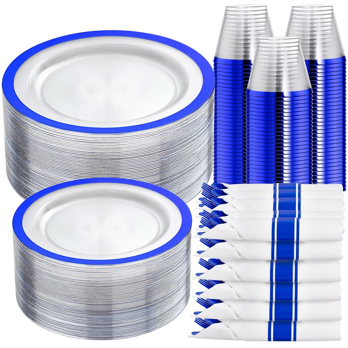I00000 210 Pcs Dark Blue Plastic Plates Clear Disposable Plates for 30 Guests Blue Dinnerware Include 30 Dinner Plates 30 Dessert Plates 30 Cups 30 Pre Rolled Napkins with Cutlery Set for Party