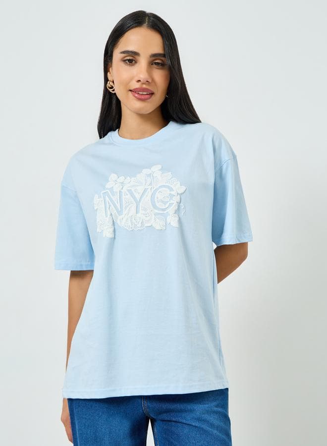 Blue Oversized Rubber Print Cotton T-Shirt