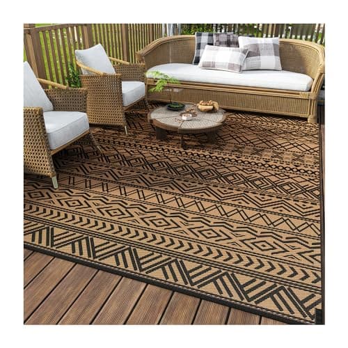 MontVoo-Outdoor Rug Carpet Waterproof 5x8 ft Reversible Patio Rug RV Camping Rugs Plastic Straw Outside Indoor Outdoor Area Rugs for Patio Deck Balcony Picnic Beach Outdoor Decor Boho Black Brown