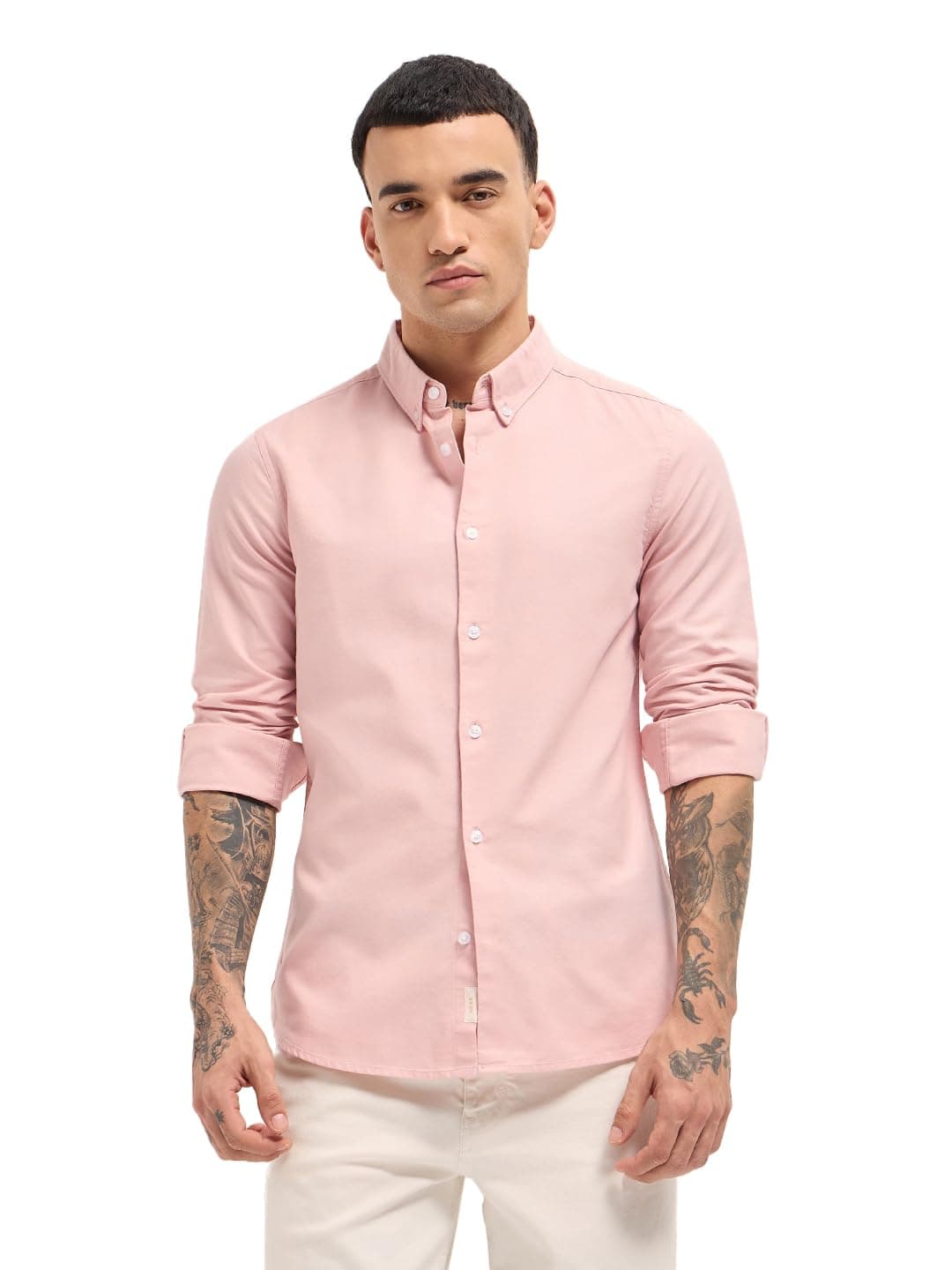 THE BEAR HOUSE Men's Pink Slim Fit Solid Cotton Woven Casual Shirt