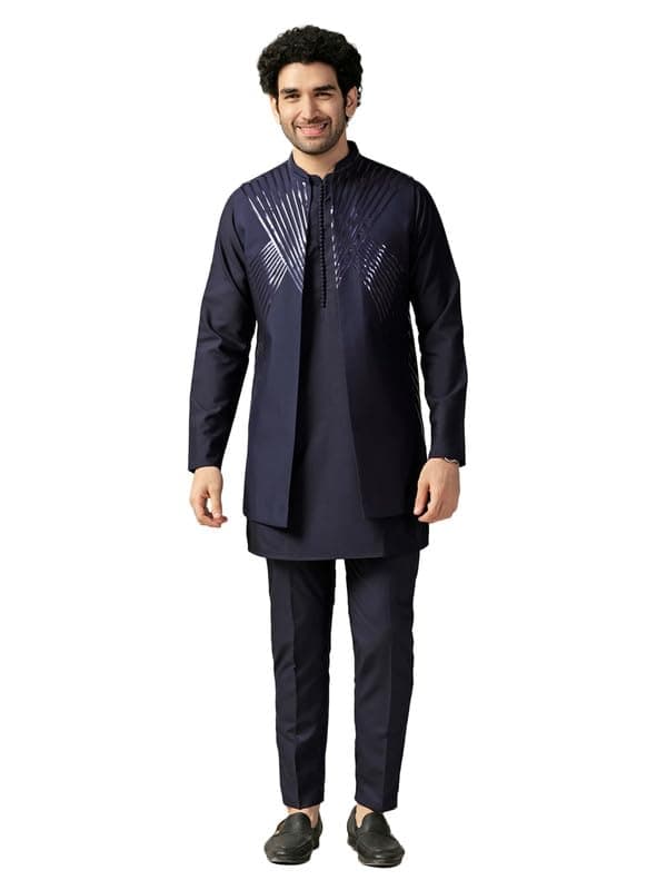 KISAH Men's Kurta Jacket Trouser Set, Blue Cotton Blend, Embellished Regular Fit Mandarin Collar Long Sleeves (42)