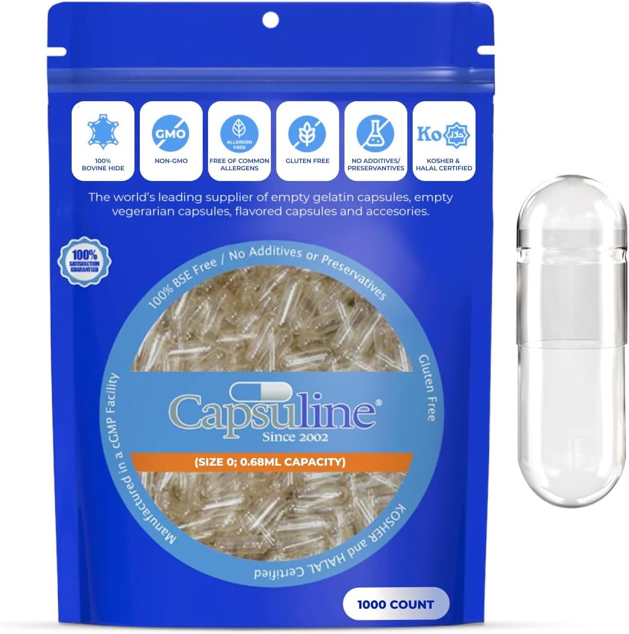 Capsuline Size 0 Empty Gelatin Capsules Clear for DIY Supplement Filling