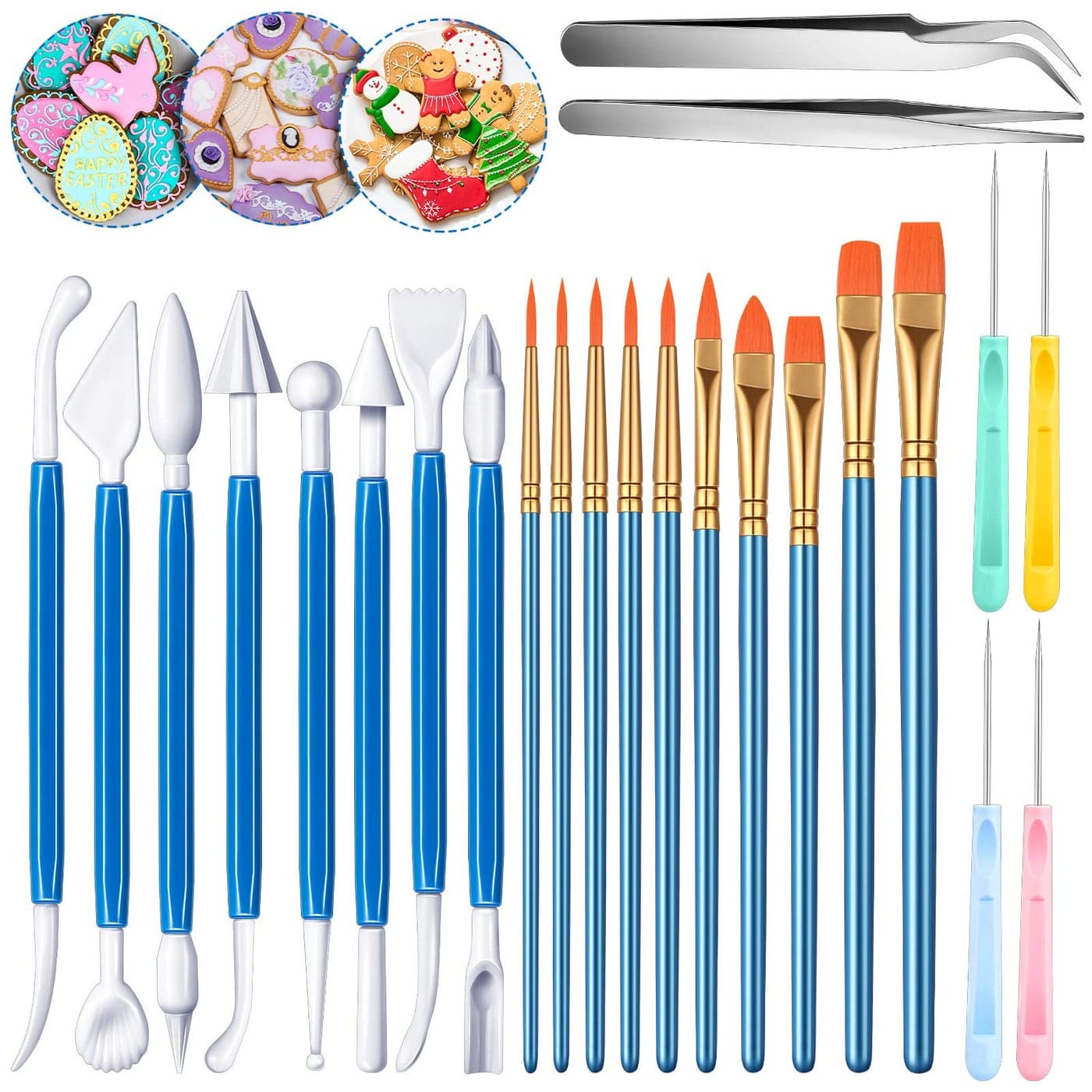 24 Pieces Cookie Decorating Fondant Cake Decorating Tool Set Include Brushes Sugar Stir Needle Fondant Modeling Tool Elbow and Straight TweezerBlue