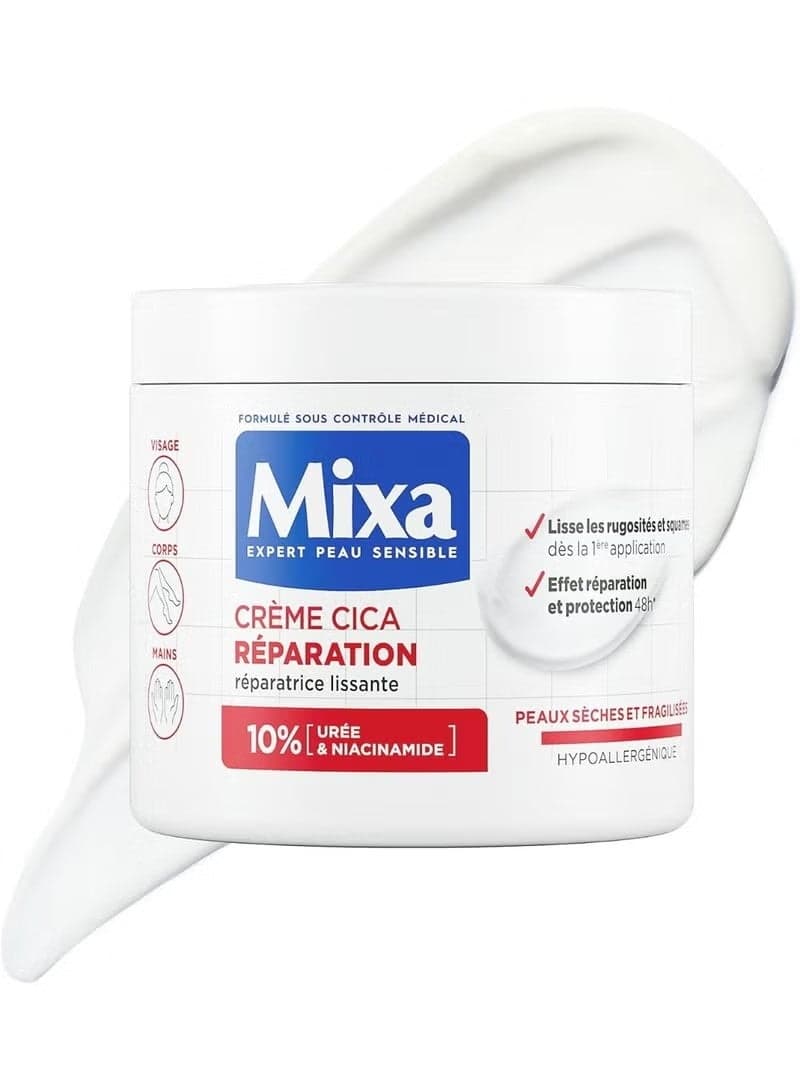 Mixa Creme Cica Reparation, Urea Skin Renewing Cream with Urea & Niacinamide for Dry and Rough and Uneven Skin, Repairs and Smooths, Moisturiser for the Body, Hands and Face, Urea Cica Repair+, 400 ml