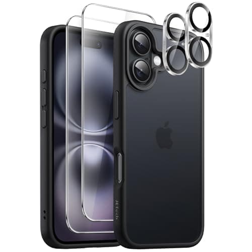 JETech 5 in 1 Matte Case for iPhone 16 6.1-Inch with 2-Pack Each Tempered Glass Screen Protector and Camera Lens Protector, Translucent Back Shockproof Phone Cover (Black)