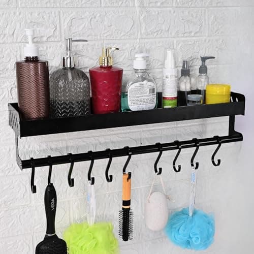 Boniry 56 CM Multipurpose Aluminum Bathroom Shelf with Movable Hooks & Towel Bar | Wall Shelf Bathroom Rack Ideal for Metal Bathroom and Kitchen Shelves (Black, 56 CM with Towel BAR & 10 Hook)