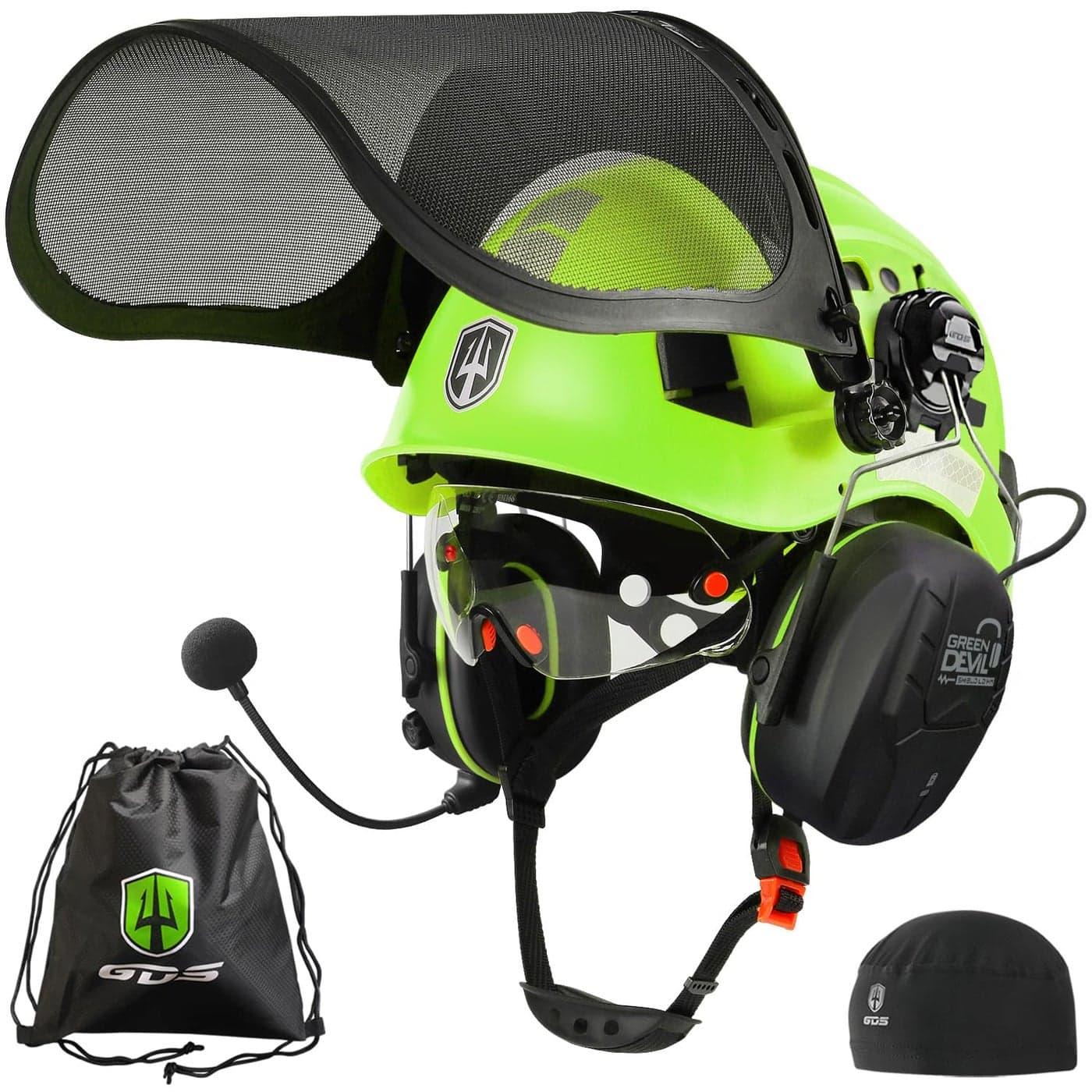 GREEN DEVIL Forestry Chainsaw Safety Helmet with Bluetooth Ear Muffs Arborist Helmet Hard Hat with Builtin Visor Mesh Face Shield 5 in 1 System Logging Garden Work Hardhats for Men Women