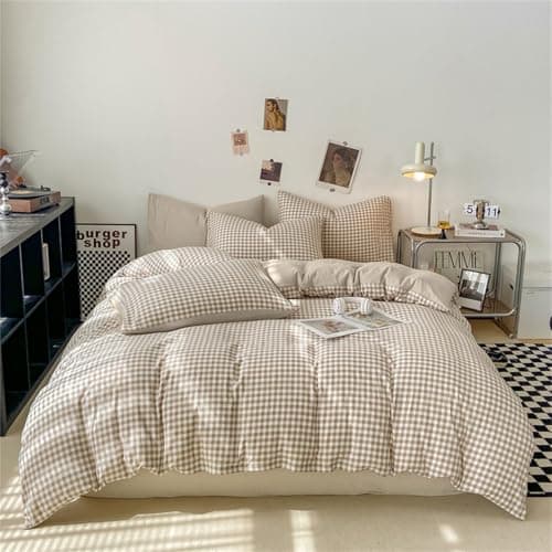 Nayoroom Gingham Duvet Cover Queen Size Brown Tan Plaid Checkered Comforter Cover 3 Pieces Soft Lightweight Washed Microfiber Farmhouse Grid Dorm Bedding Set with Pillowcases