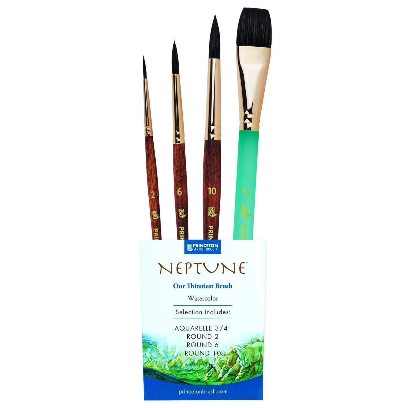 Princeton Neptune Watercolor Brushes 4750 Series - 4pc Soft Synthetic Squirrel Watercolor Brush Set - Aquarelle 3/4 inch - Round 2, 6 and 10 - Artist Paint Brushes - Paint Brush Set