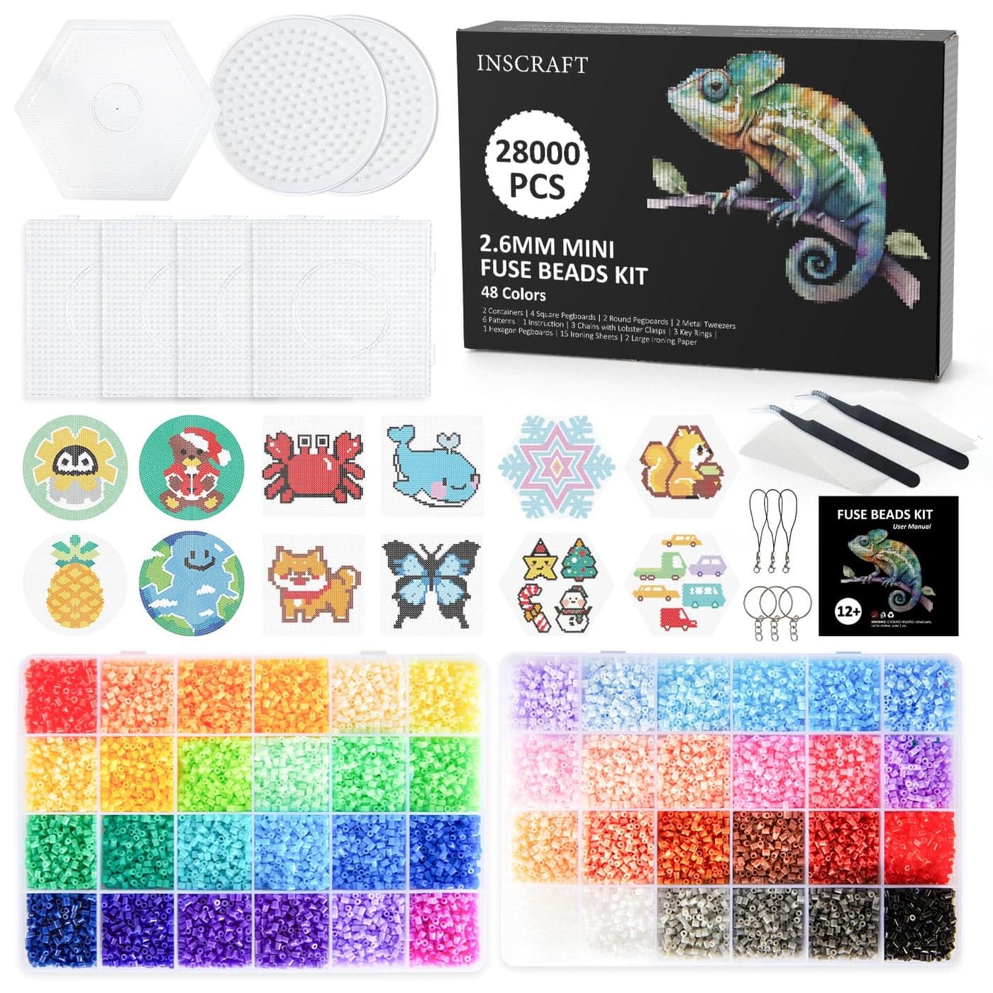 INSCRAFT 28,000 Mini Fuse Beads kit 2.6mm, 48 Colors 7 Pegboards 15 Ironing Sheets 2 Tweezers 2 Ironing Papers & 6 Chain Accessories Melty Beads Melting Beads Iron Beads Craft Beads Bulk