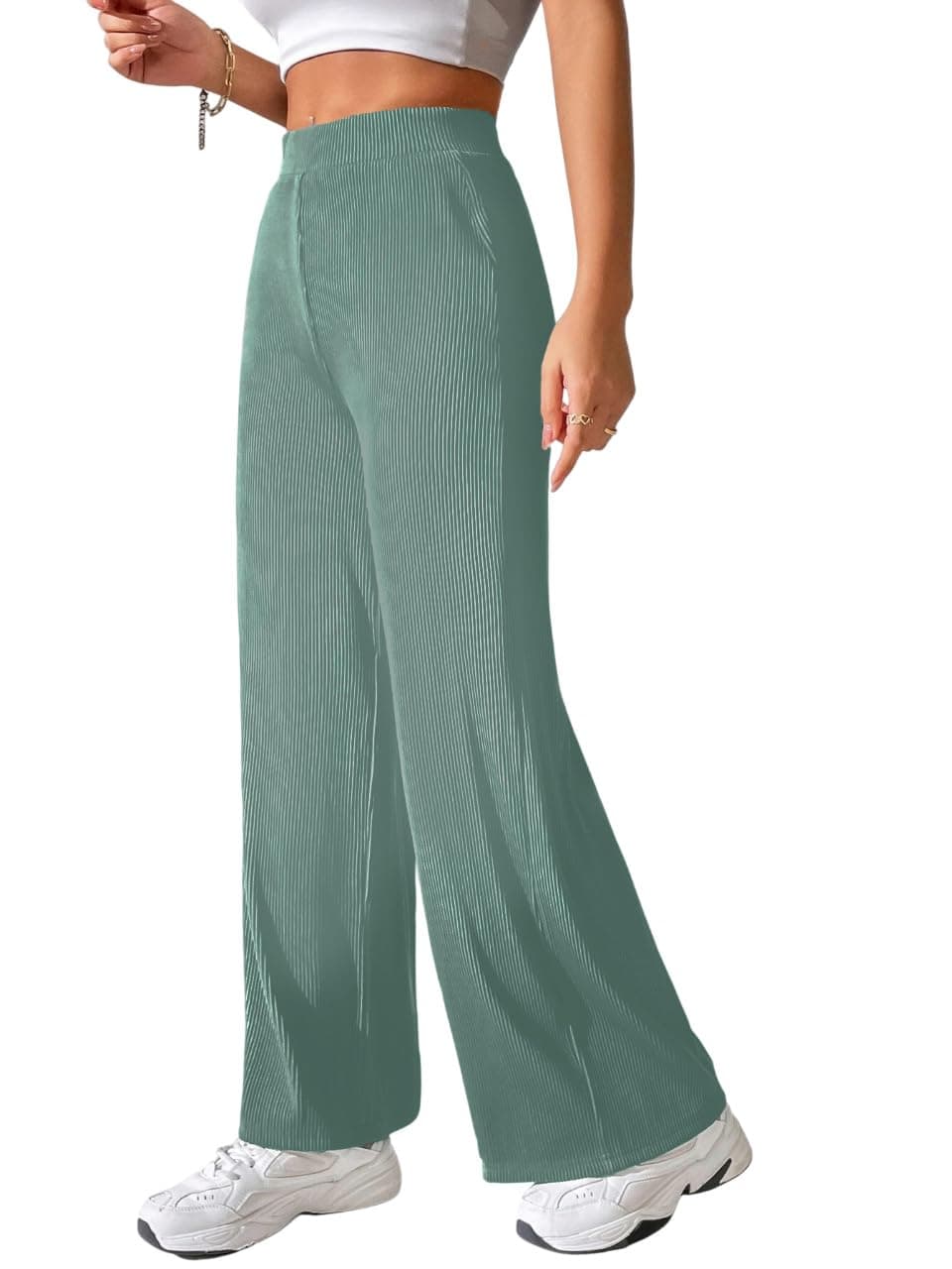 Preneum Women High Waist Korean Wide Leg Trousers, Loose Fit Casual Lounge Pants, Travel, Office & Streetwear Comfortable Stylish Bottom Wear (Available Plus Size) Mint Green