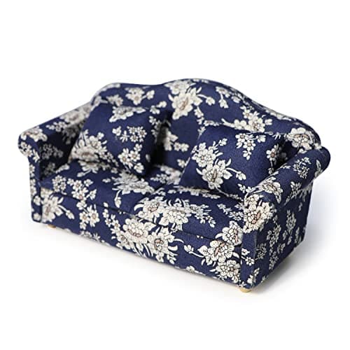 Dollhouse Couch Miniature Sofa with Pillows Dollhouse Living Room Funiture 112 Scale Model 3 Pcs High Simulation Upholstered Wooden Fabric Armchair Mini Room Artificial House Scene Decoration Blue