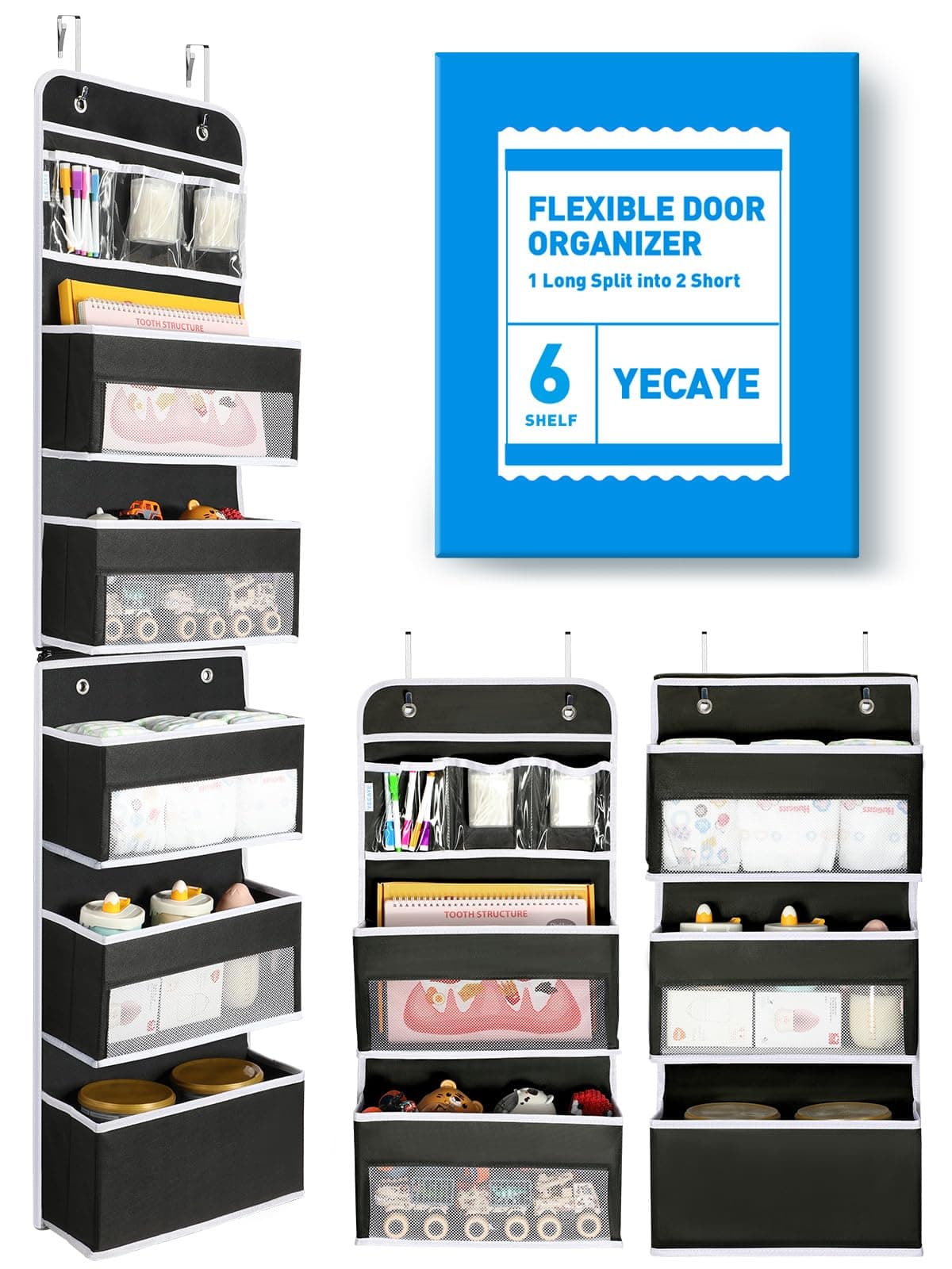 Yecaye 6Tier Over The Door Storage Organizer Flexible 1 Split into 2 SwingProof Hanging Bathroom Organizer Bedroom Organizers and Storage for Newborn Baby Essentials Black