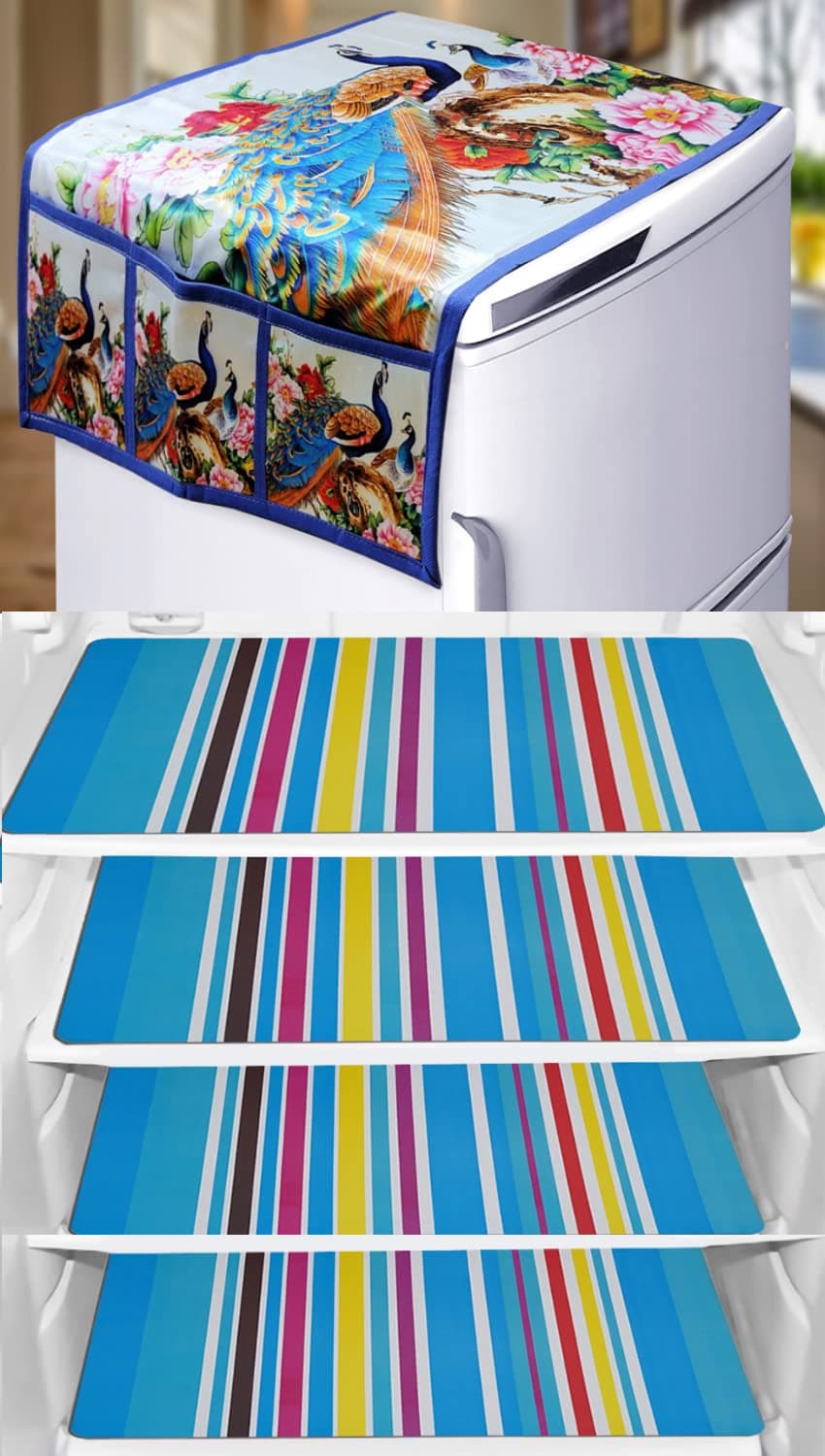 KANUSHI Industries® 1Pc Fridge Cover for Top with 6 Utility Pockets + 4 Fridge Mats (FRI-White-Peacock+M-1-04)