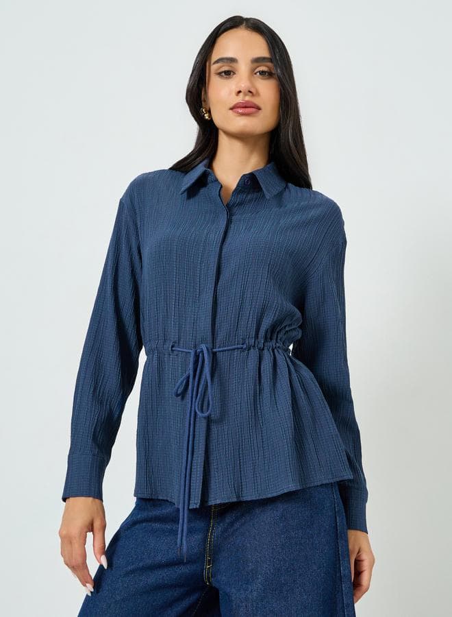 Navy Blue Textured Shirt with Drawstring Waist