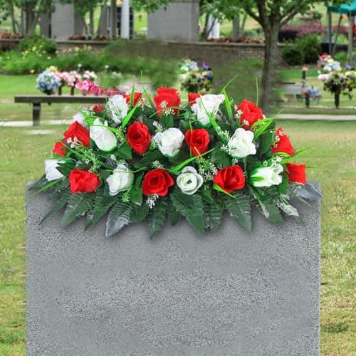 LVXINLI Artificial Cemetery FlowerOutdoor Grave Saddle Headstone DecorationsRed and White Rose Memorial Day Flowers for gravesite Red and White