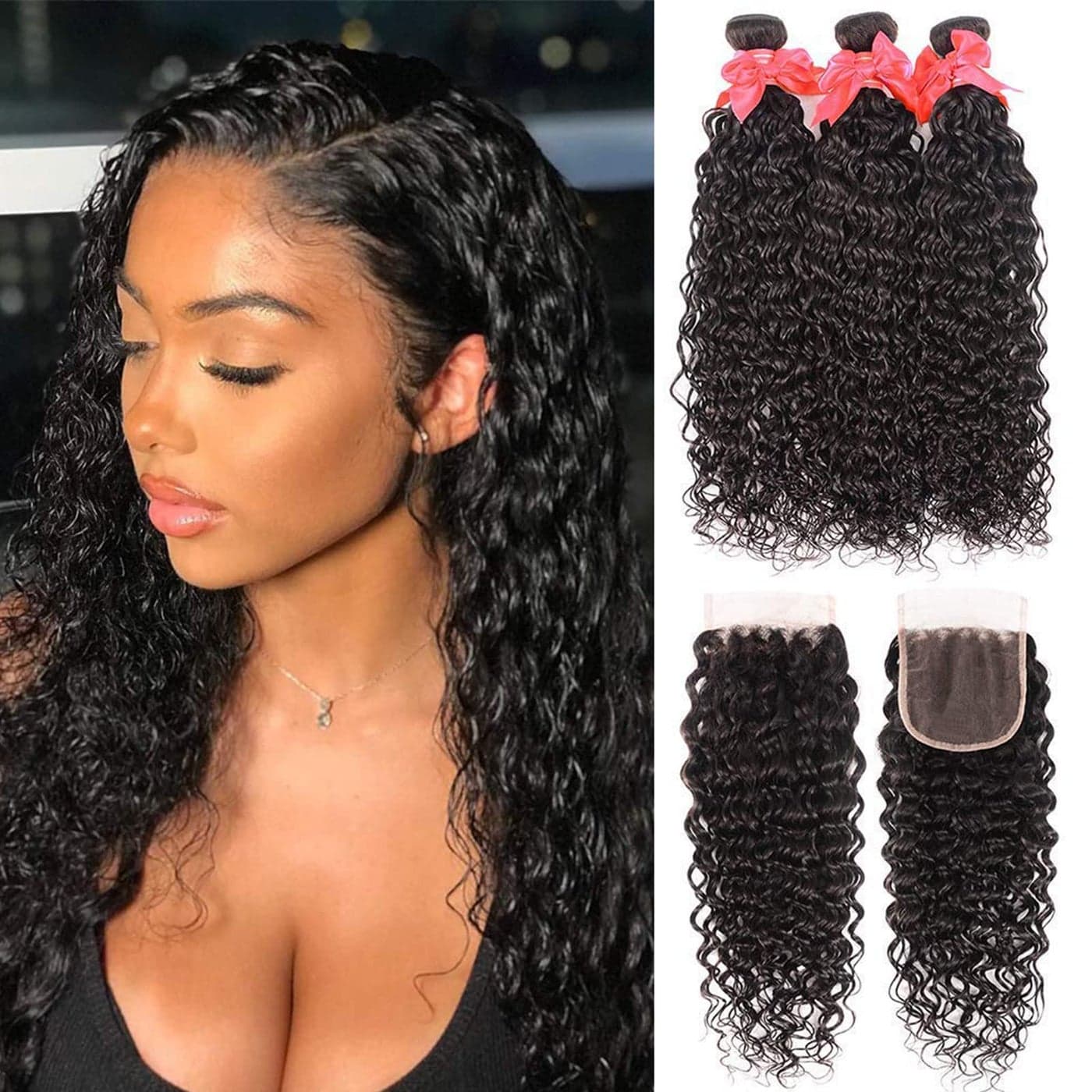 Miss GAGA 8A Water Wave Bundles with Closure 10 10 108 Wet and Wavy Unprocessed Brazilian Virgin Human Hair 3 Bundles with Closure Soft Remy Water Wave Curly Hair Free Part