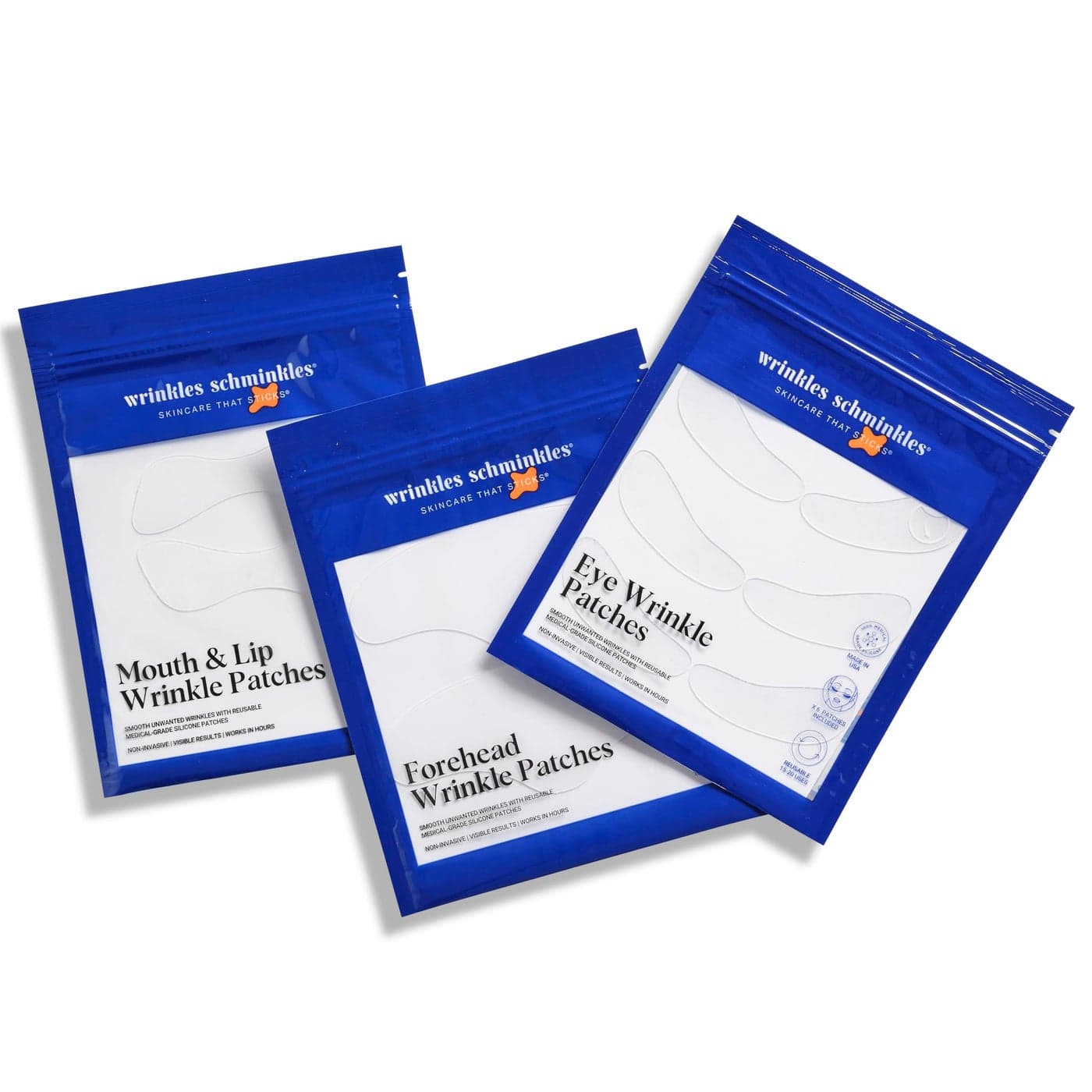 Wrinkles Schminkles Facial Smoothing Set Mouth Lip 2Pack Eye Wrinkle Patches 3Pairs Forehead Wrinkle Patches 2Pack Reusable Hypoallergenic Silicone Smoothing Pads