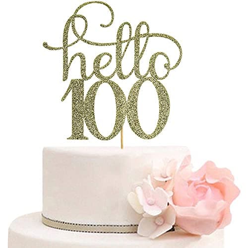 Festiko®Hello 100 Cake Topper for 100th Anniversary Birthday Wedding Party Decorations, Gold Glitter