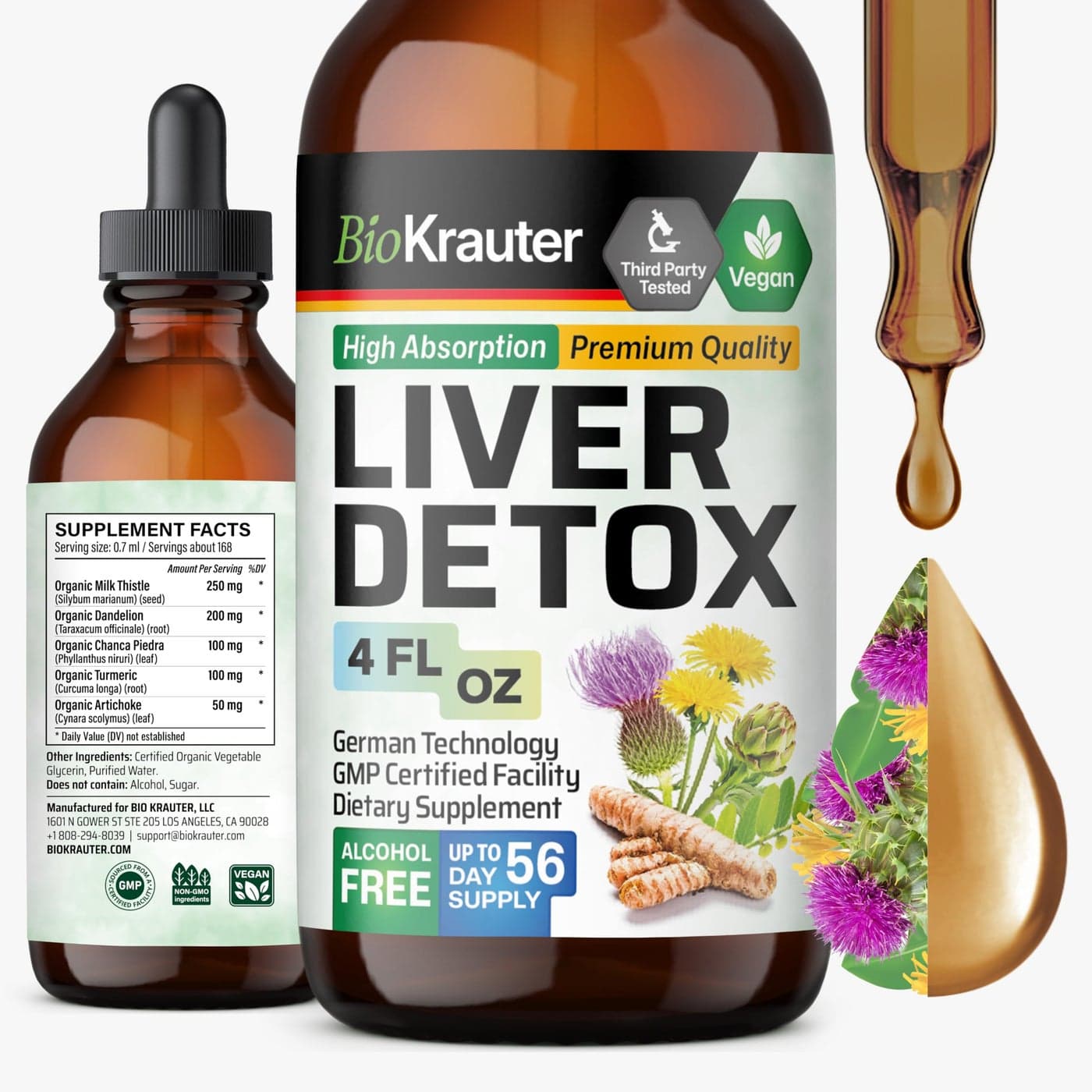 BIO KRAUTER Liver Detox Liquid Liver Cleanse Detox Liquid Drops Milk Thistle Chanca Piedra Turmeric Dandelion Artichoke Vegan Drops 4 Fl Oz