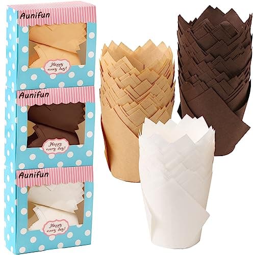 Aunifun 180 Pieces of Tulip Baking Paper Cups Cupcake Muffin Liners Pans Wrappers in 3 Colors, White, Natural, Brown