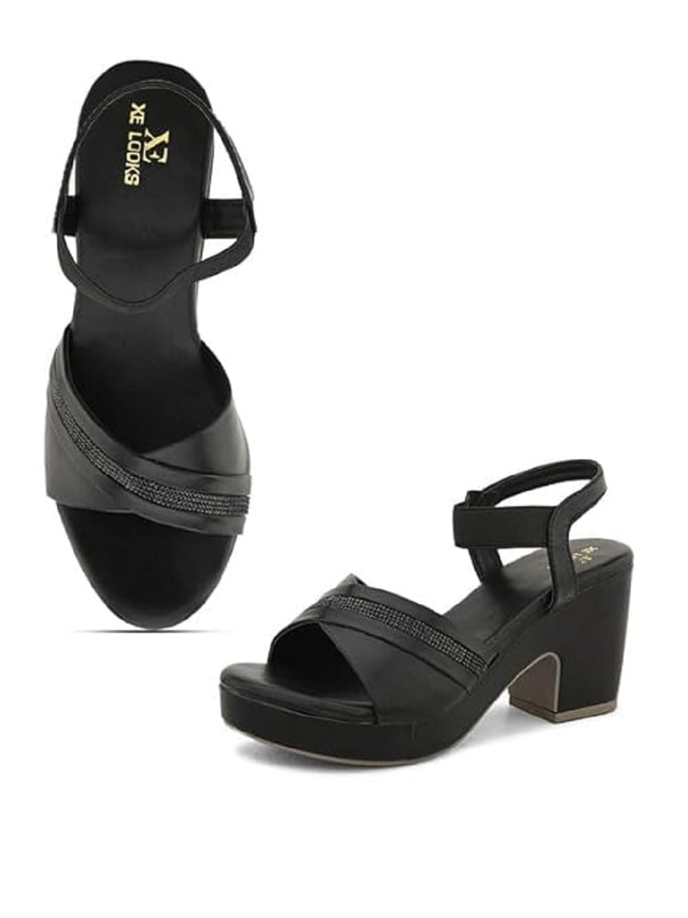 XE Looks Black Fashion Sandals | Faux Leather Comfortable,Trendy and Stylish Block Heel With Ankle Straps | For Wedding Occasion| For Women & Girls