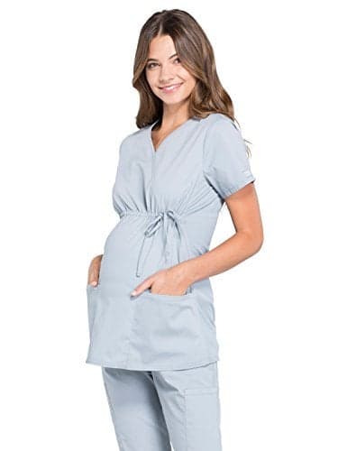 Cherokee Women's Maternity Scrub Top with 3 Pockets Mock Wrap WW685, XXS, Grey