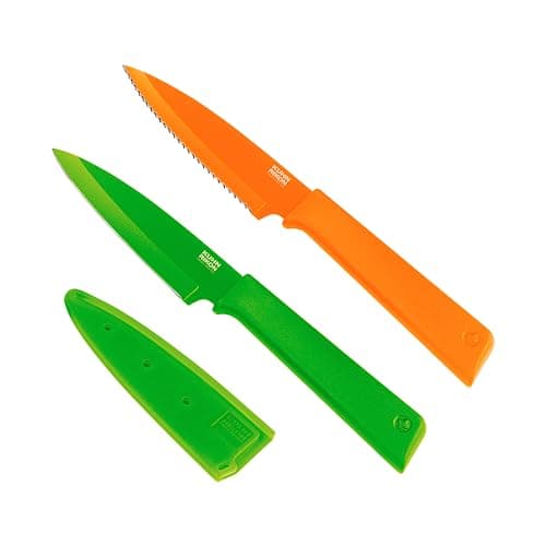 Kuhn Rikon COLORI+ Non-Stick Straight and Serrated Paring Knives with Safety Sheaths, Set of 2, Orange and Green