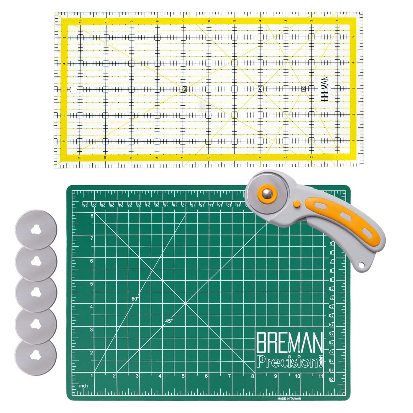 WA Portman Rotary Cutter Set Sewing Cutting Mat 45mm Rotary Cutter for Fabric 5 Blades 9x12 Inch Fabric Cutting Mat 6x12 Inch Quilting Ruler