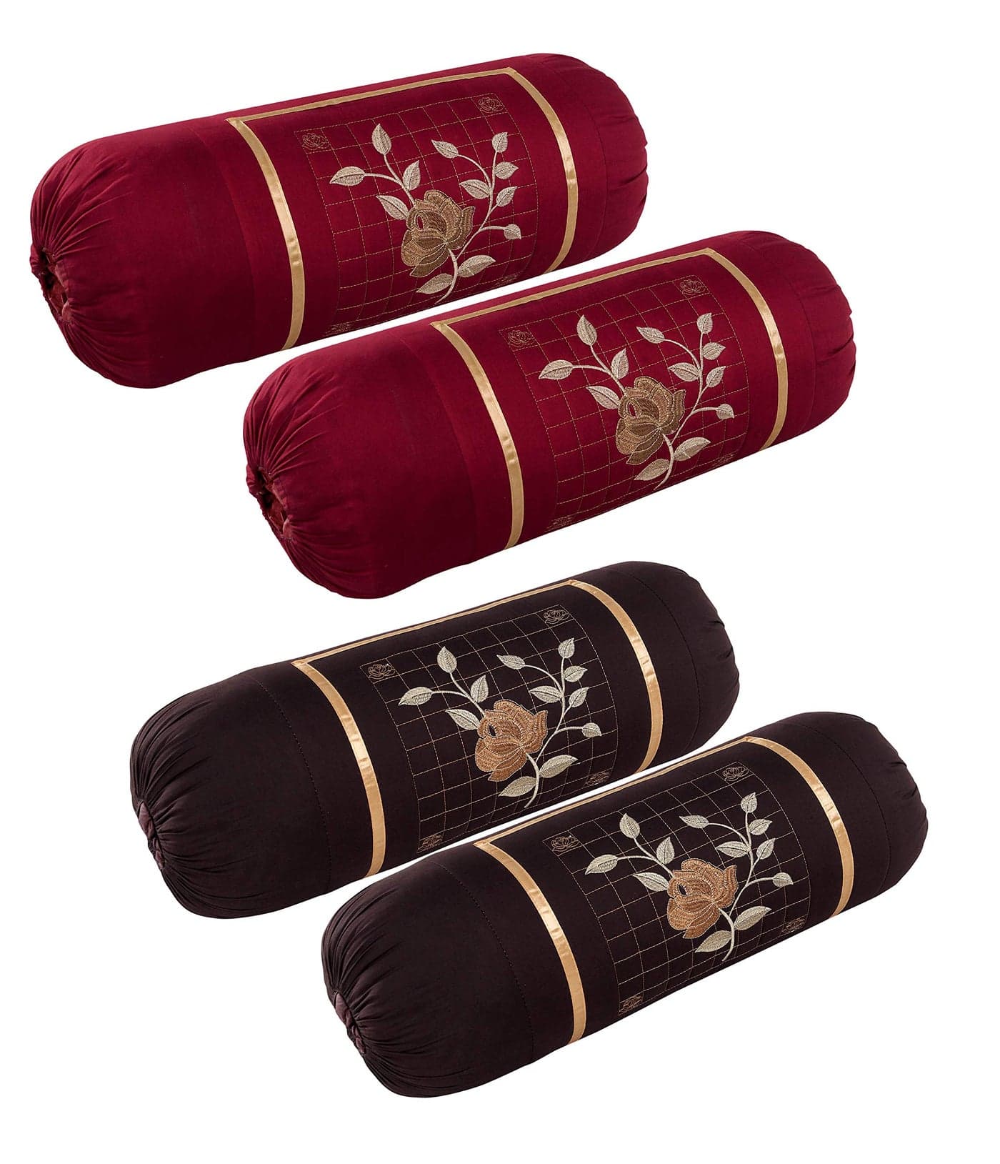 Rj Products Microfiber Rose Embroidery Bolsters Covers Pack of 4 Piece Maroon and Brown
