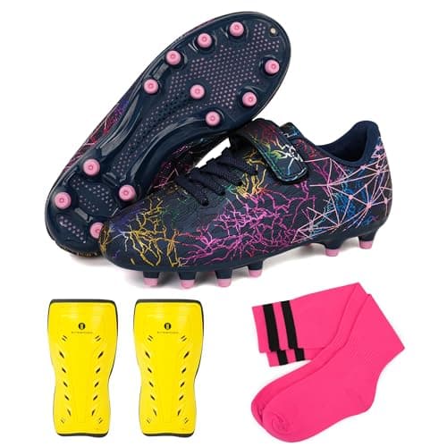 brooman Kids Firm Ground Soccer Cleats Girls Football Cleats with Shin Guards and Soccer Socks (8,Navy Pink)