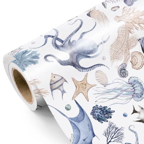 WRAPAHOLIC Ocean Wrapping Paper Roll Mini Roll 17 Inch x 98 Feet Octopuses Fish Design for Boys Girls Kids Birthday Baby Shower