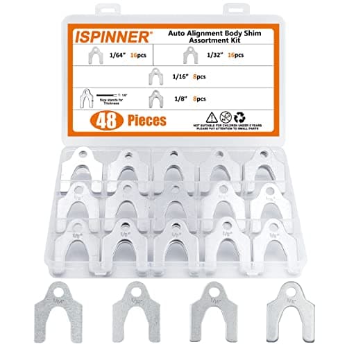 ISPINNER 48pcs Auto Alignment Body Shim Assortment Kit, 1/64" 1/32" 1/16" 1/8" Universal Shims for Adjusting Body Parts or Camber Alignment